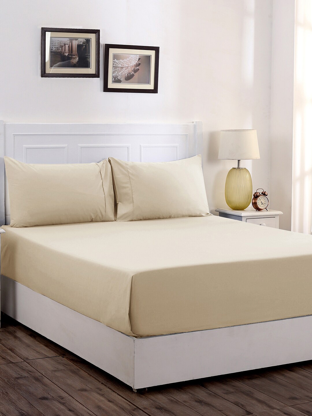 MASPAR Beige Solid 200 TC Cotton 1 Queen Bedsheet with 2 Pillow Covers