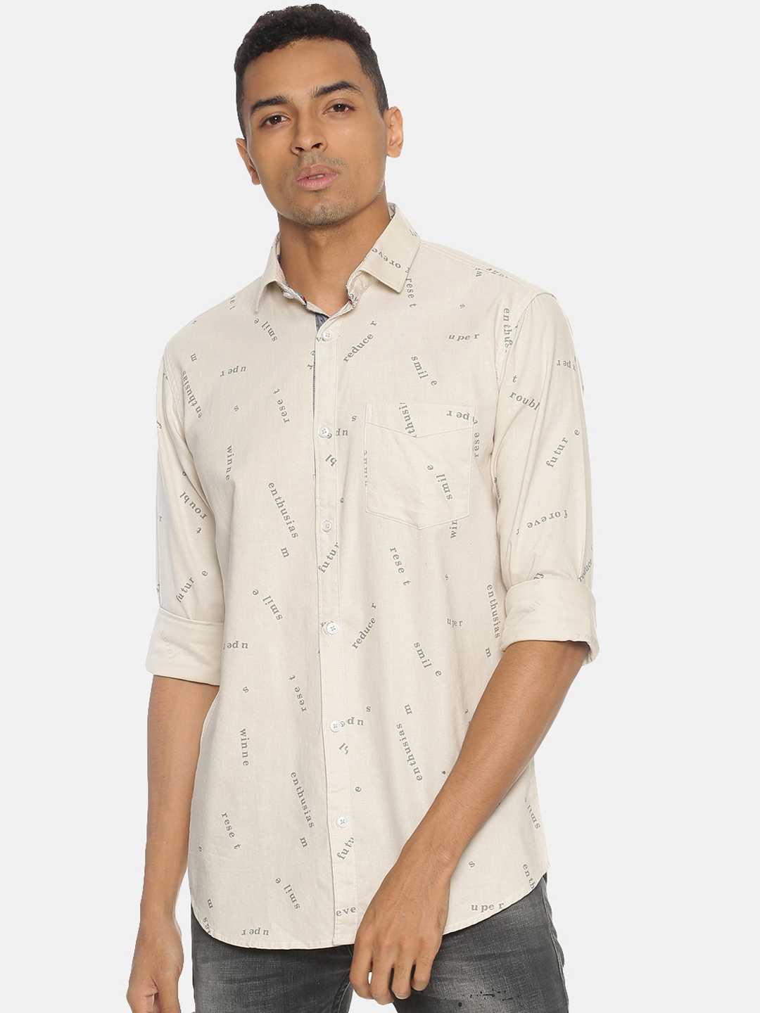 

Campus Sutra Men Cream-Coloured & Grey Regular Fit Printed Casual Shirt