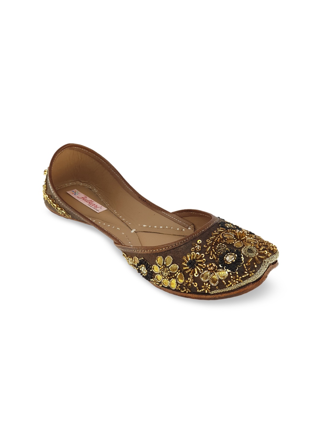 

Fulkari Women Brown & Gold-Toned Embellished Leather Mojaris