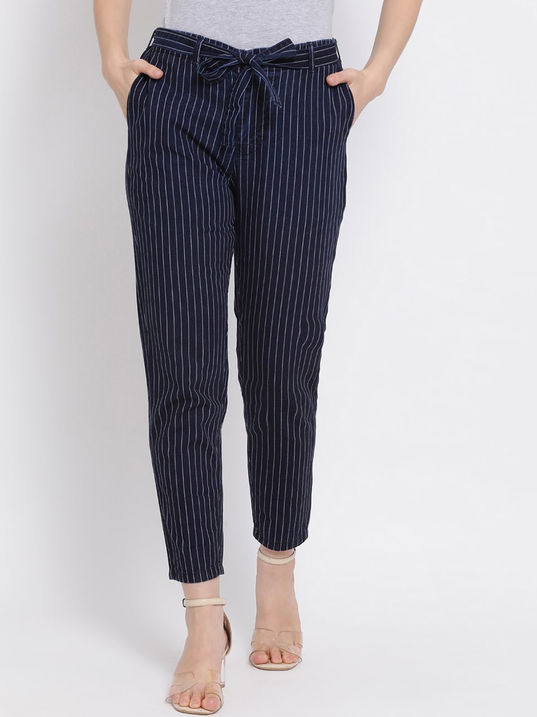 

Code 61 Women Blue Tapered Fit Striped Regular Trousers