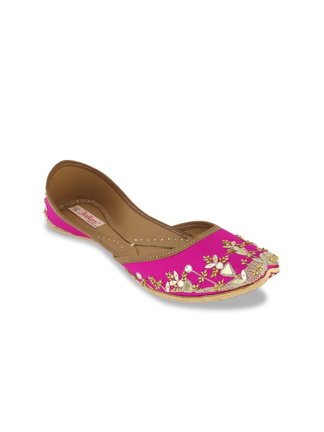

Fulkari Women Magenta & Gold-Toned Embellished Leather Mojaris