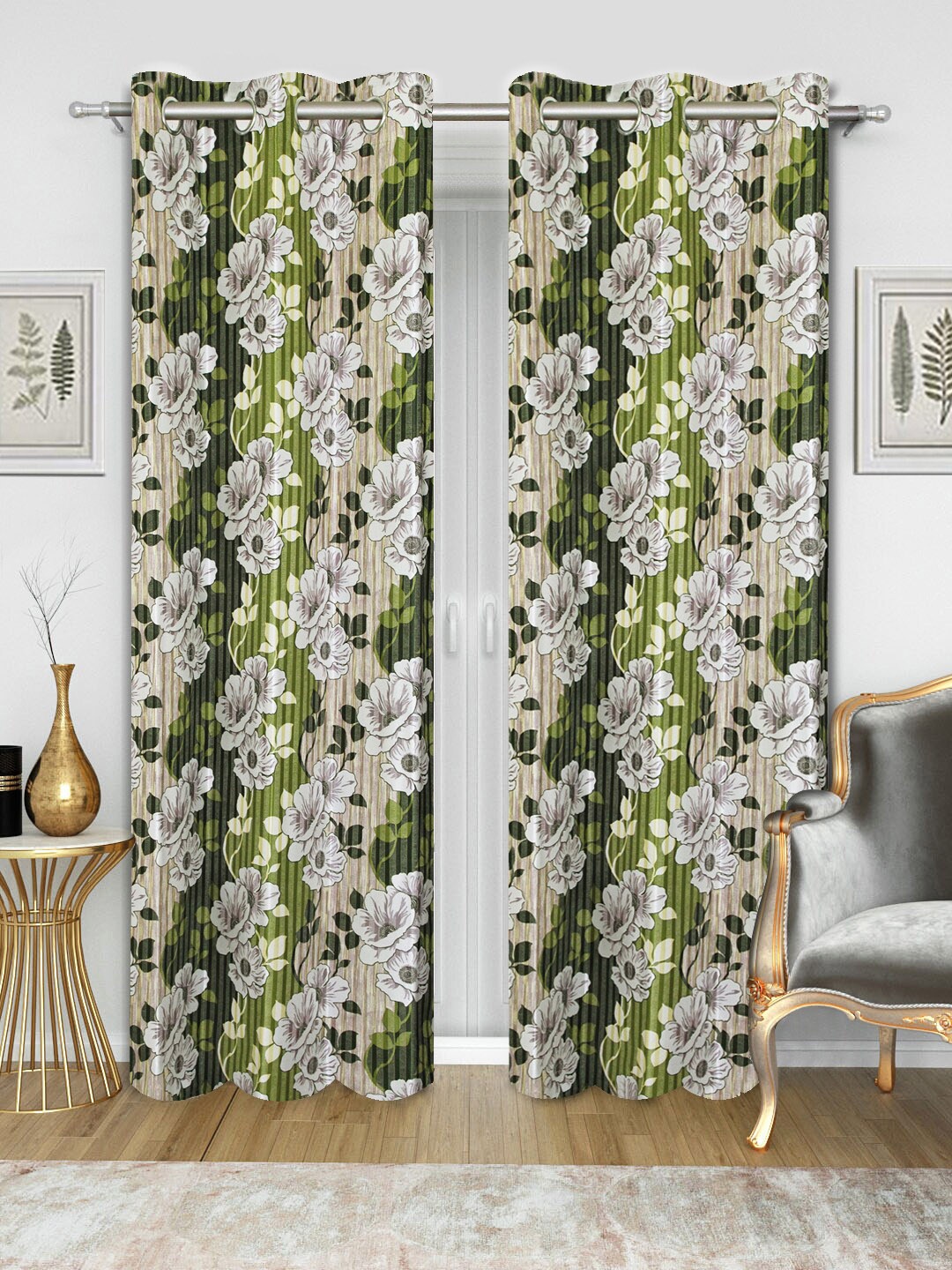 

Good Homes by Home Candy Set of 2 White & Green Floral Print Long Door Curtains