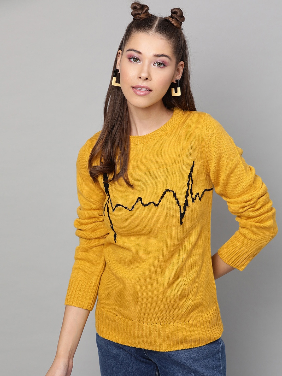 

STREET 9 Women Mustard Yellow Printed Acrylic Sweater