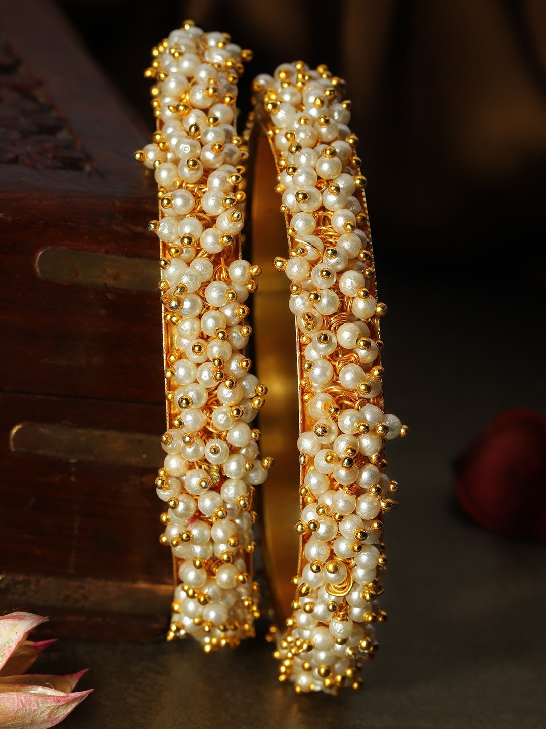 

Rubans Set Of 2 Gold-Plated & White Bunch Of Pearls Studded Handcrafted Bangles