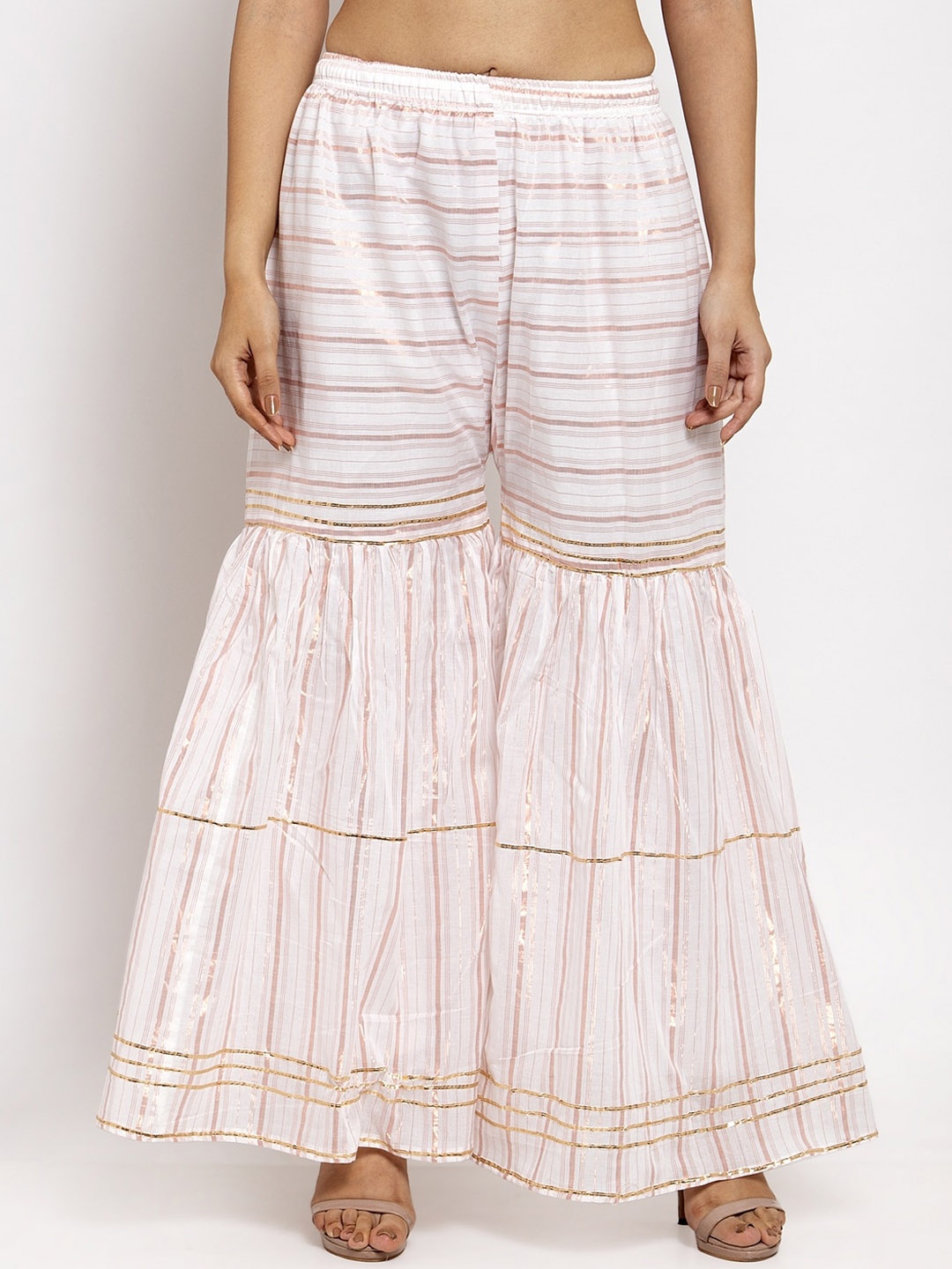 

Clora Creation Women White & Pink Striped Gotta Patti Cotton Gharara