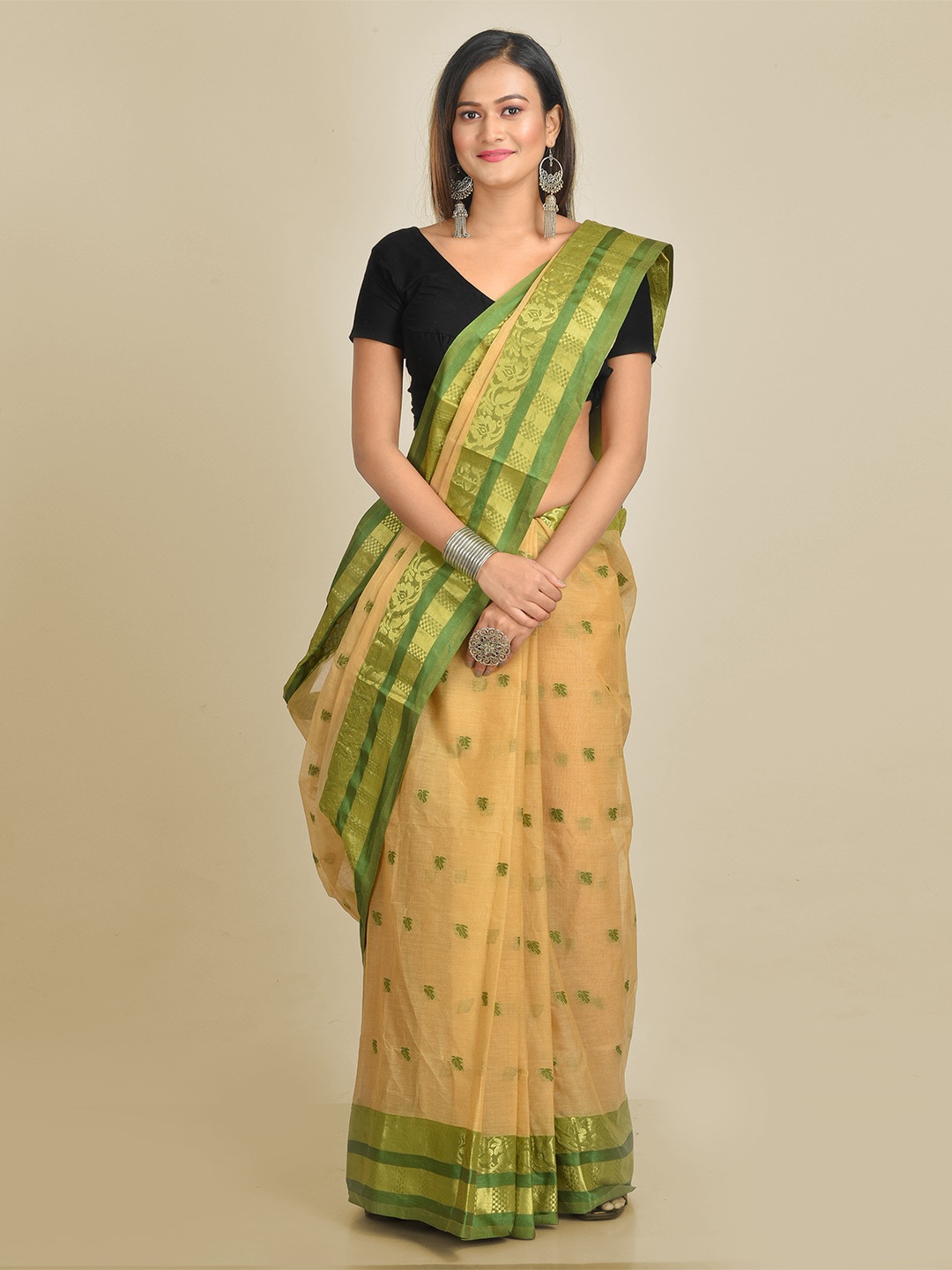

Mitera Beige & Green Pure Cotton Woven Design Taant Saree