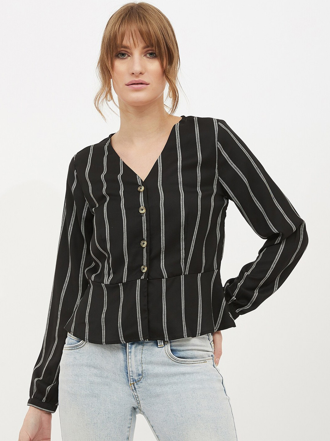 

Harpa Women Black & White Striped Cinched Waist Top
