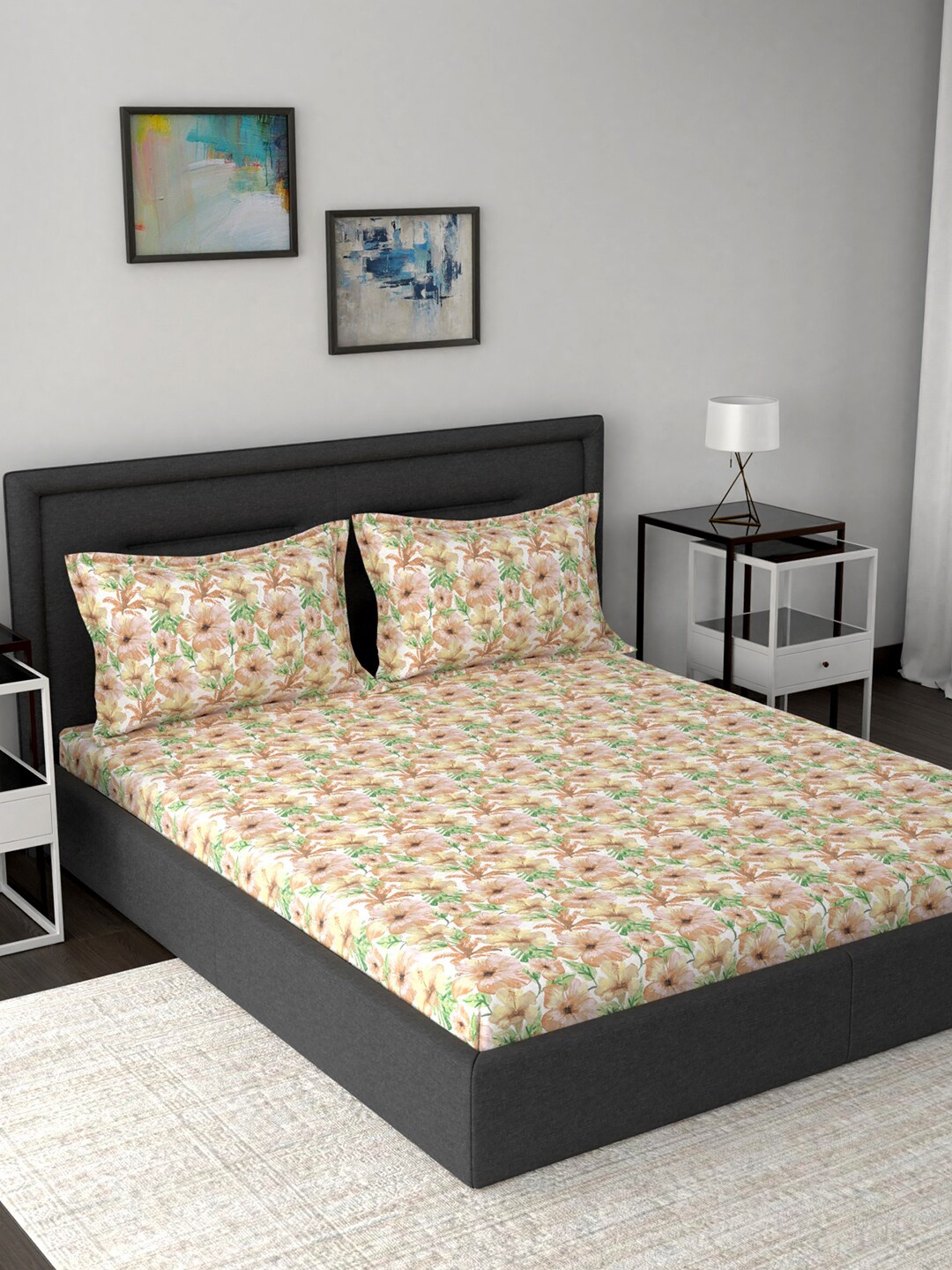 

MASPAR Multicoloured Floral 200 TC Cotton 1 Queen Bedsheet with 2 Pillow Covers, Multi