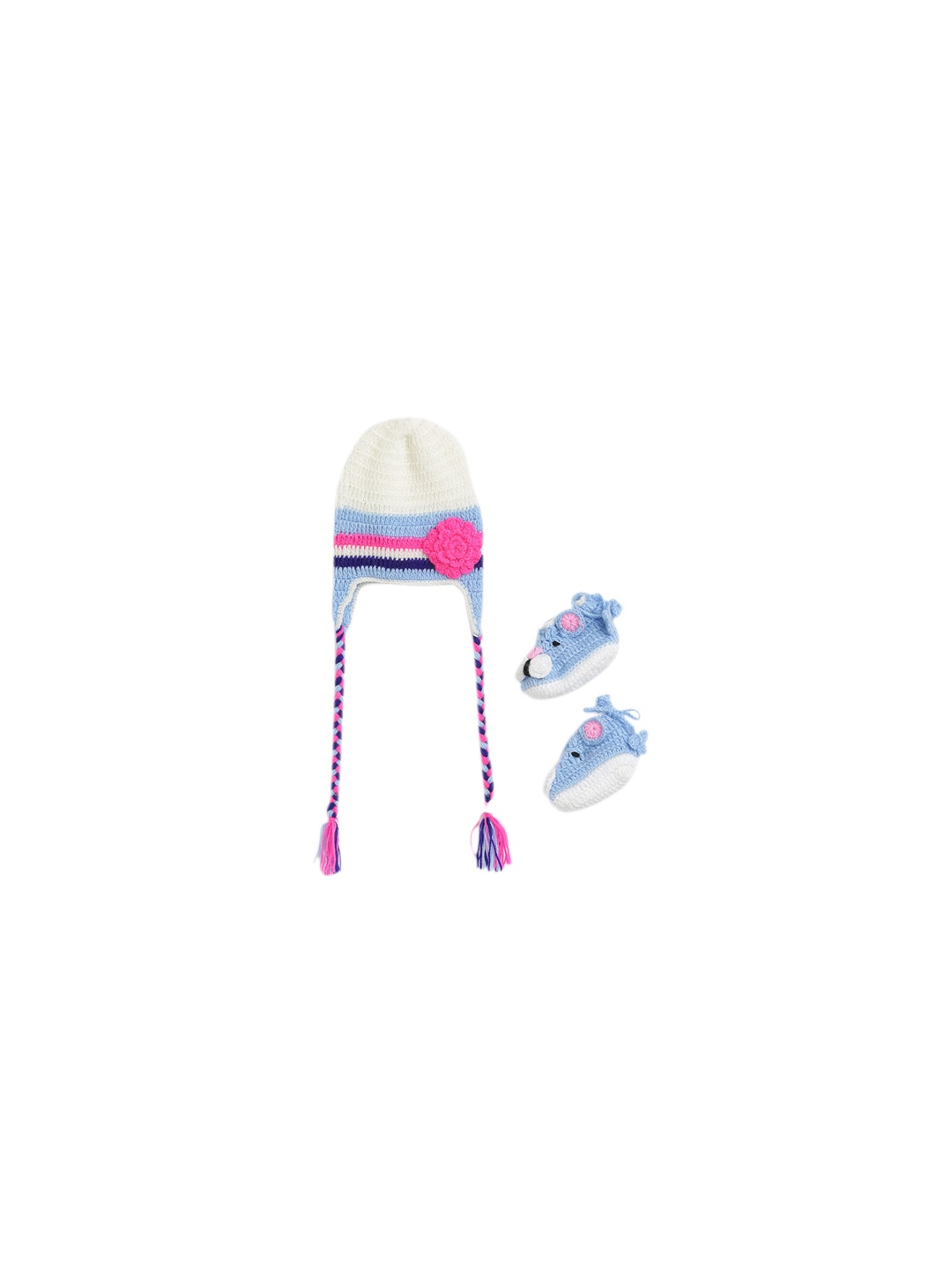 

CHUTPUT Kids White & Blue Hand knitted Crochet Beanie & Booties