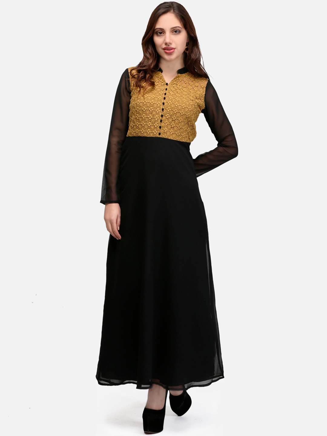 

V&M Women Yellow & Black Self Design Maxi Dress