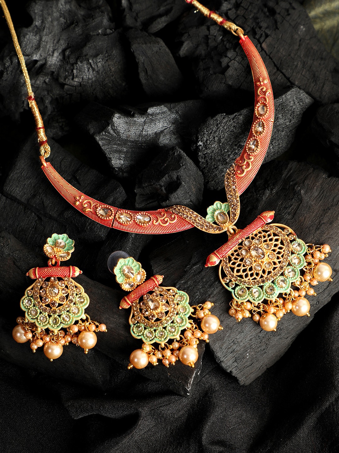 ANIKAS CREATION Gold-Plated & Red Enamelled Jewellery Set