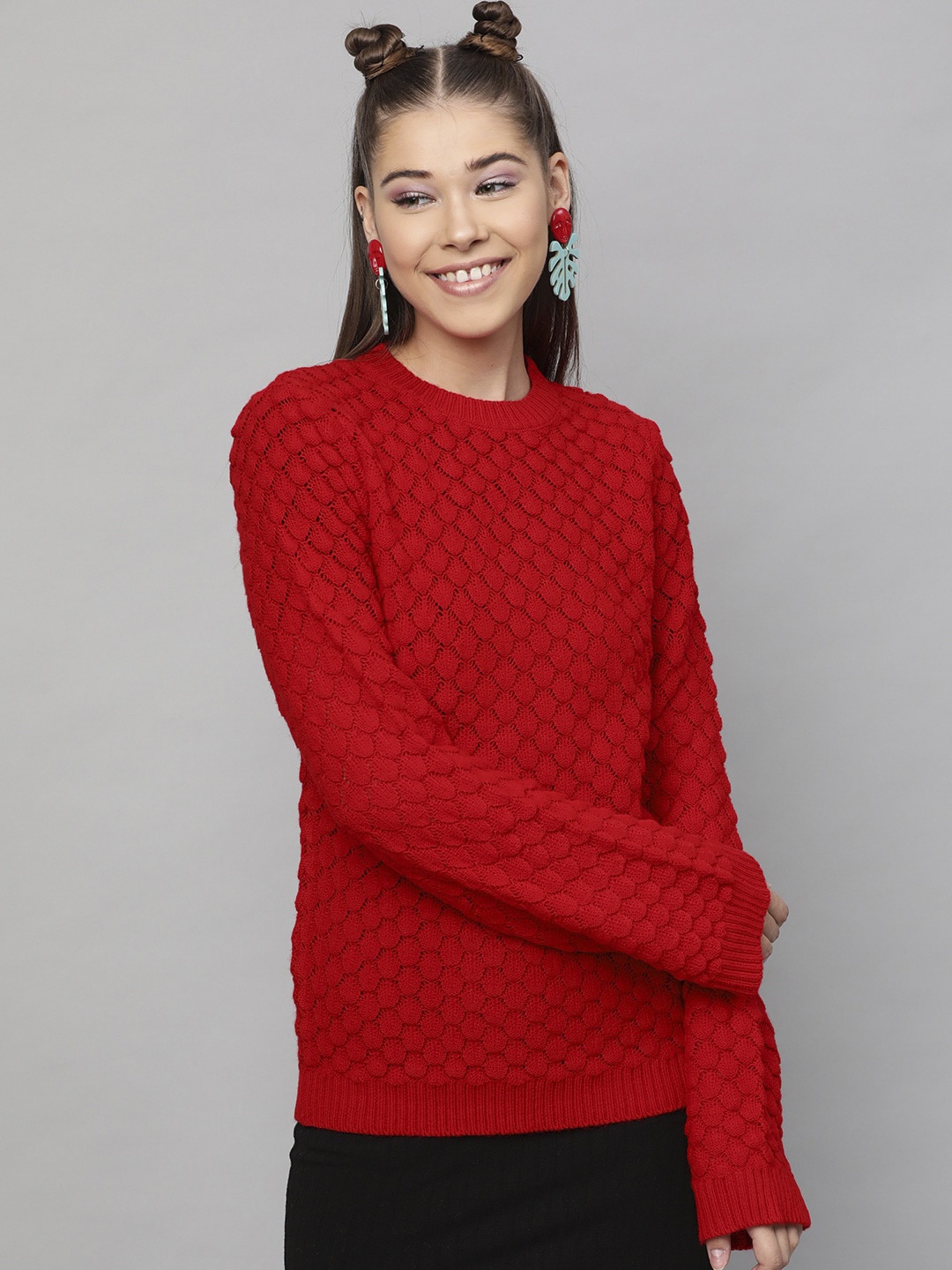 STREET 9 Women Red Self Design Pullover Sweater