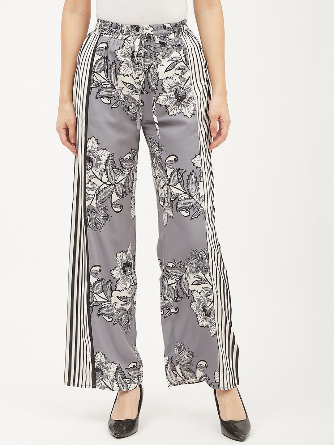 

Harpa Women Grey & White Smart Regular Fit Floral Printed Parallel Trousers