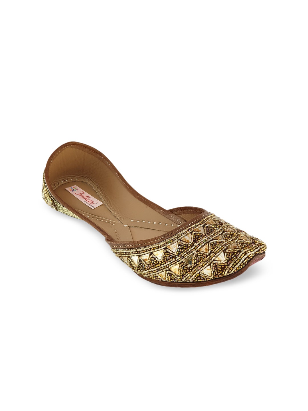 

Fulkari Women Brown & Gold-Toned Embellished Leather Mojaris