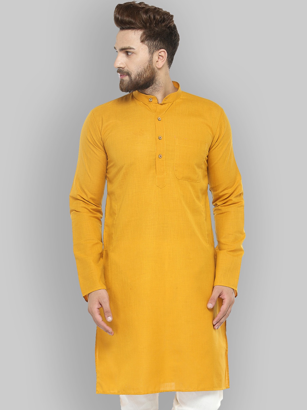 Jompers Men Mustard Yellow Solid Straight Kurta