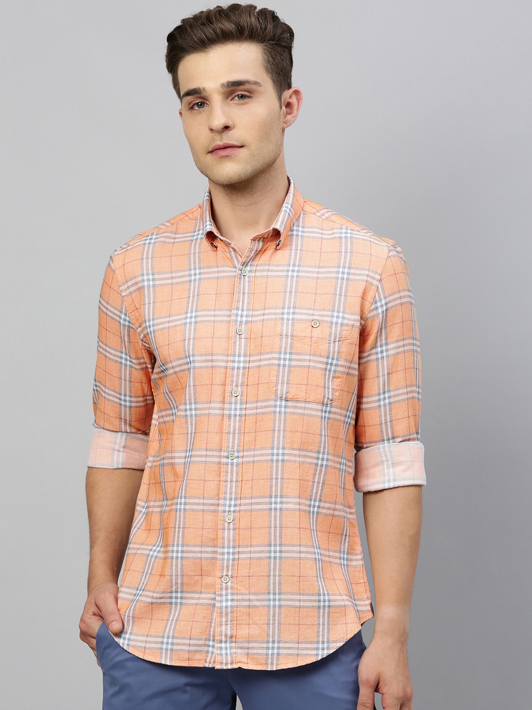 

RARE RABBIT Men Orange Regular Fit Checked Casual Shirt