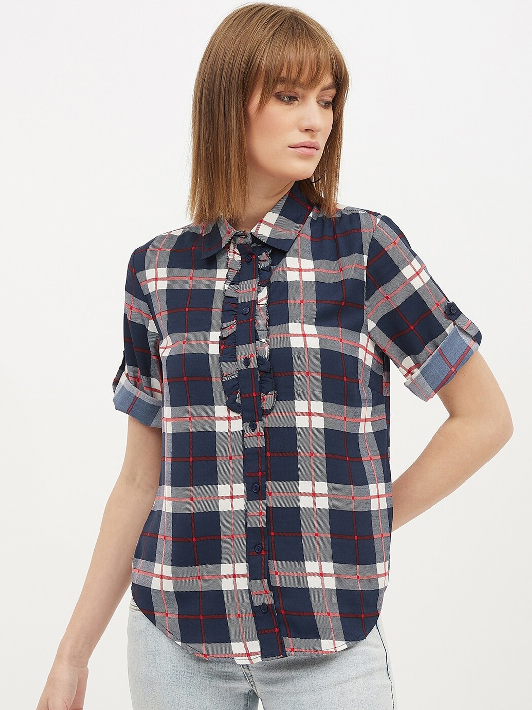 

Harpa Women Navy Blue Printed Shirt Style Top