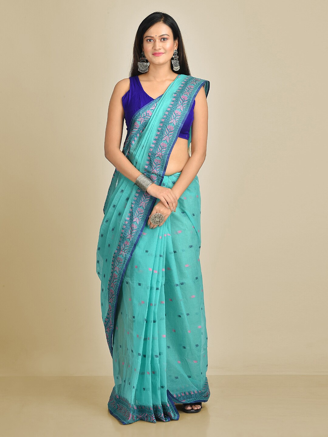 

Mitera Sea Green & Blue Pure Cotton Woven Design Handloom Taant Saree