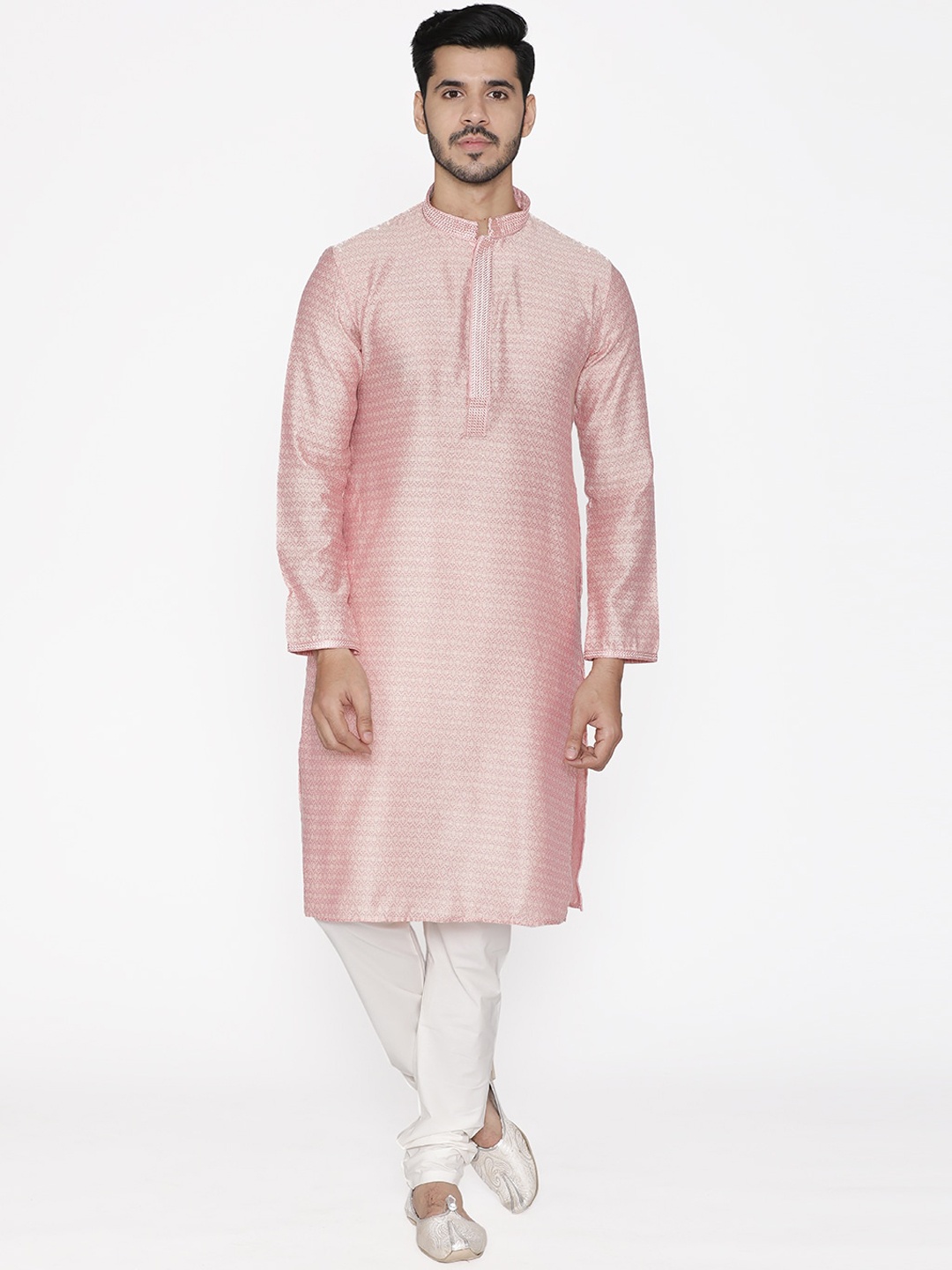 

Manyavar Men Pink & White Self Design Kurta with Churidar