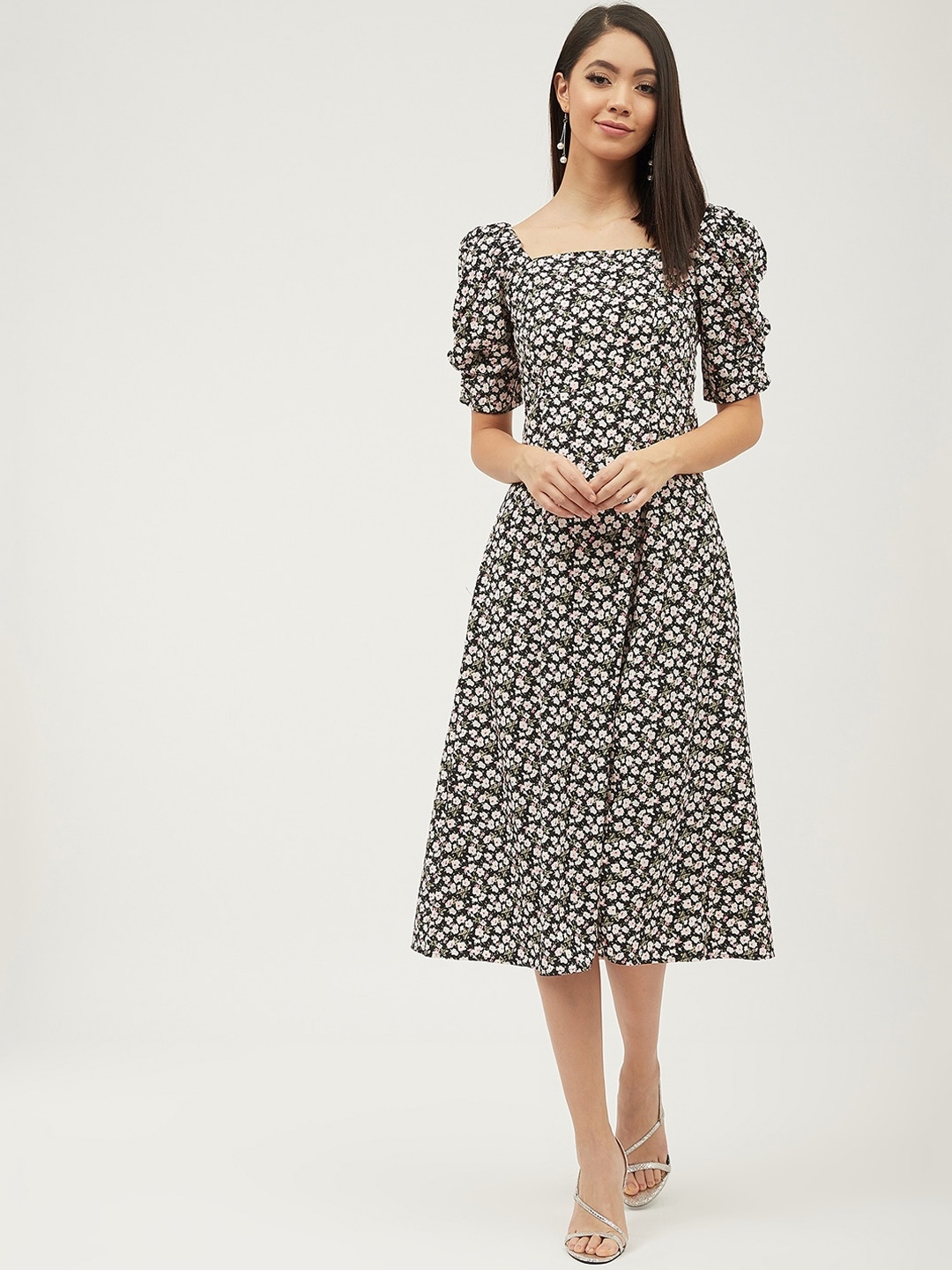 

Harpa Black Floral Printed A-Line Dress