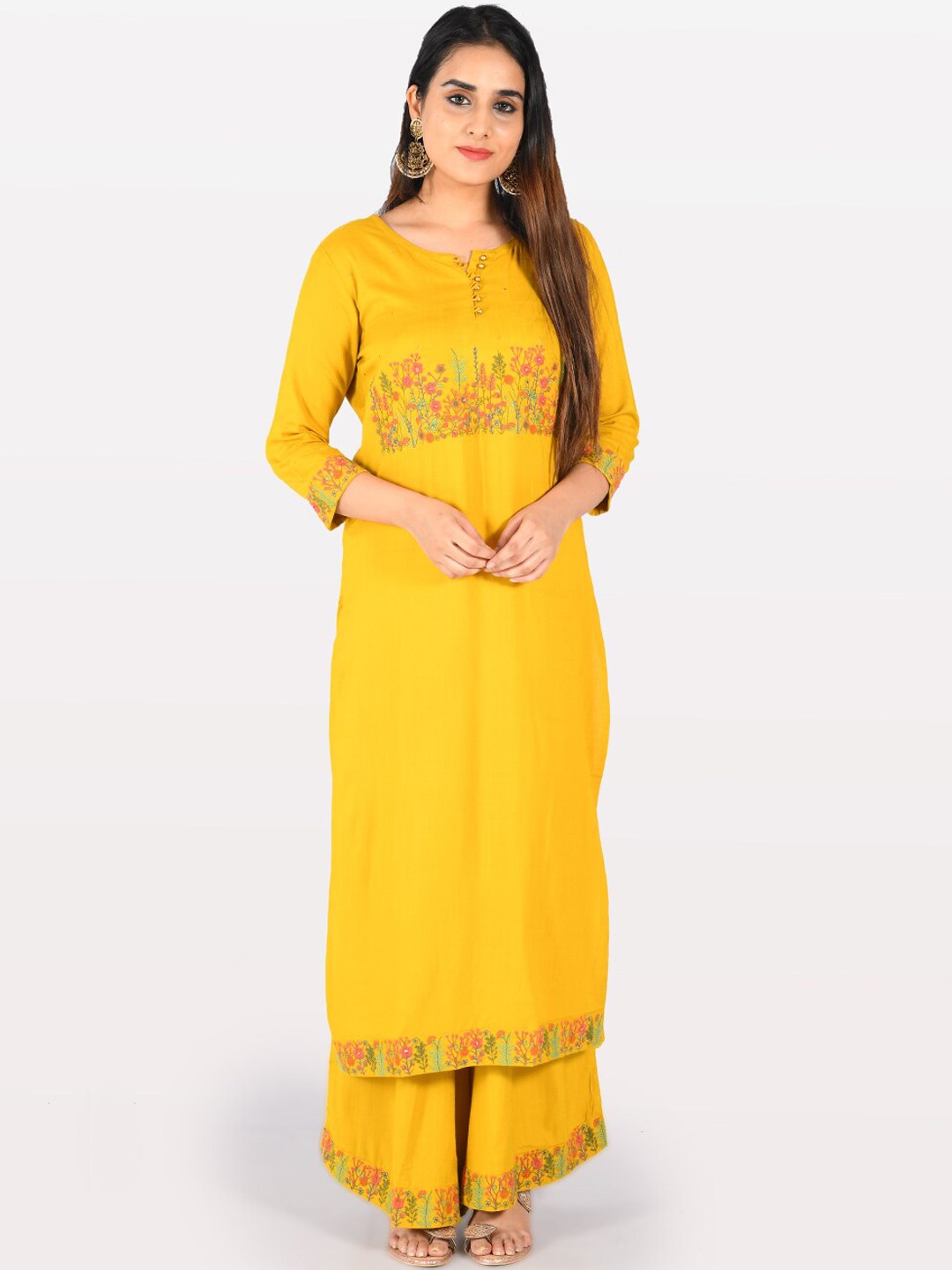 

Neerus Women Mustard Yellow & Pink Printed Straight Kurta