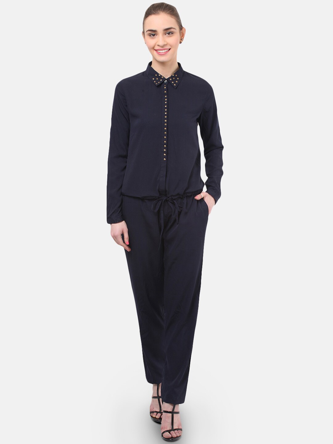 

Porsorte Women Navy Blue Self-Design Basic Jumpsuit