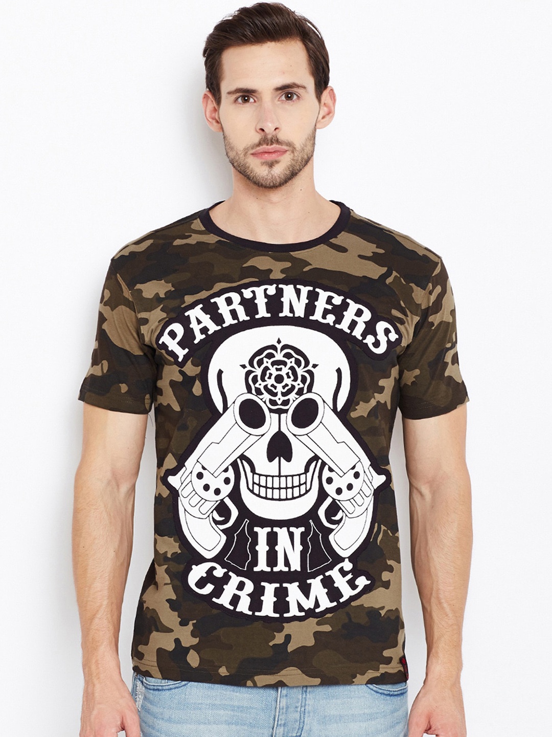 

PUNK Men Olive Green & White Printed Round Neck T-shirt