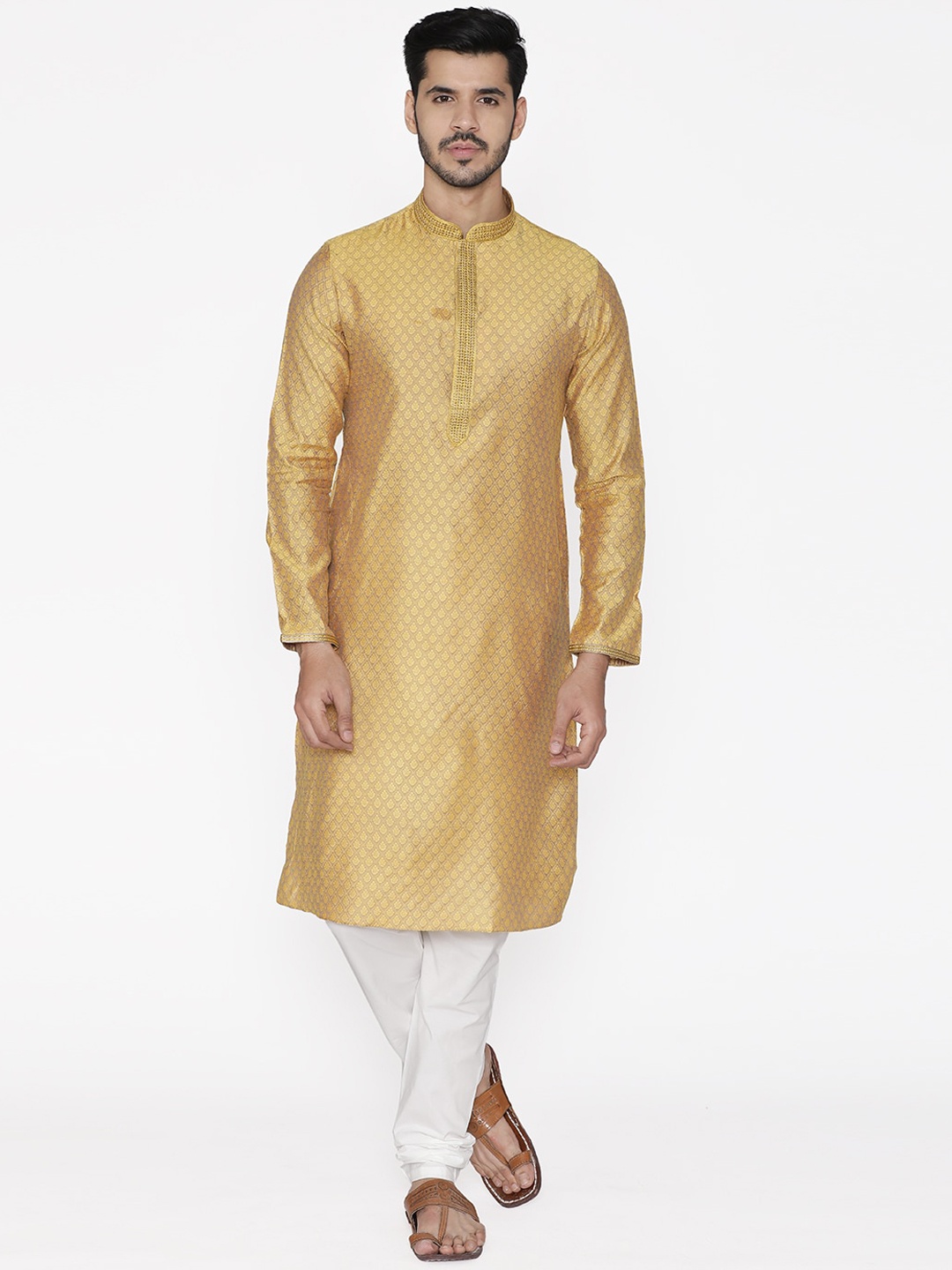 

Manyavar Men Gold-Toned & White Self Design Kurta with Pyjamas
