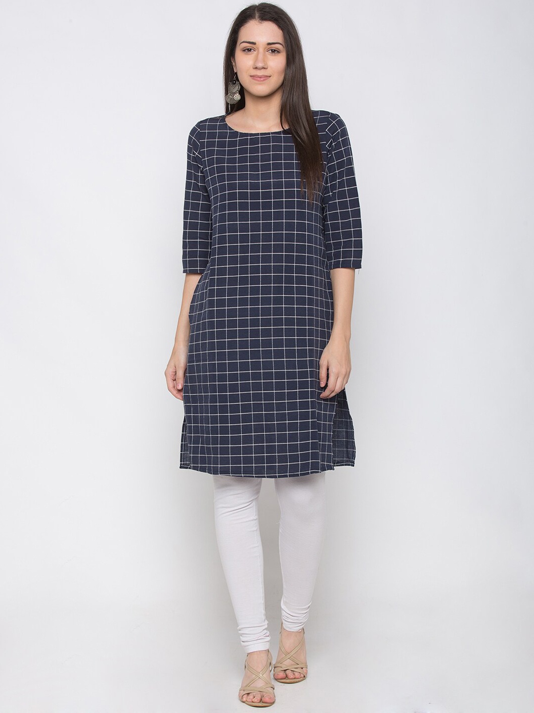 

Globus Women Navy Blue & White Checked Straight Kurta