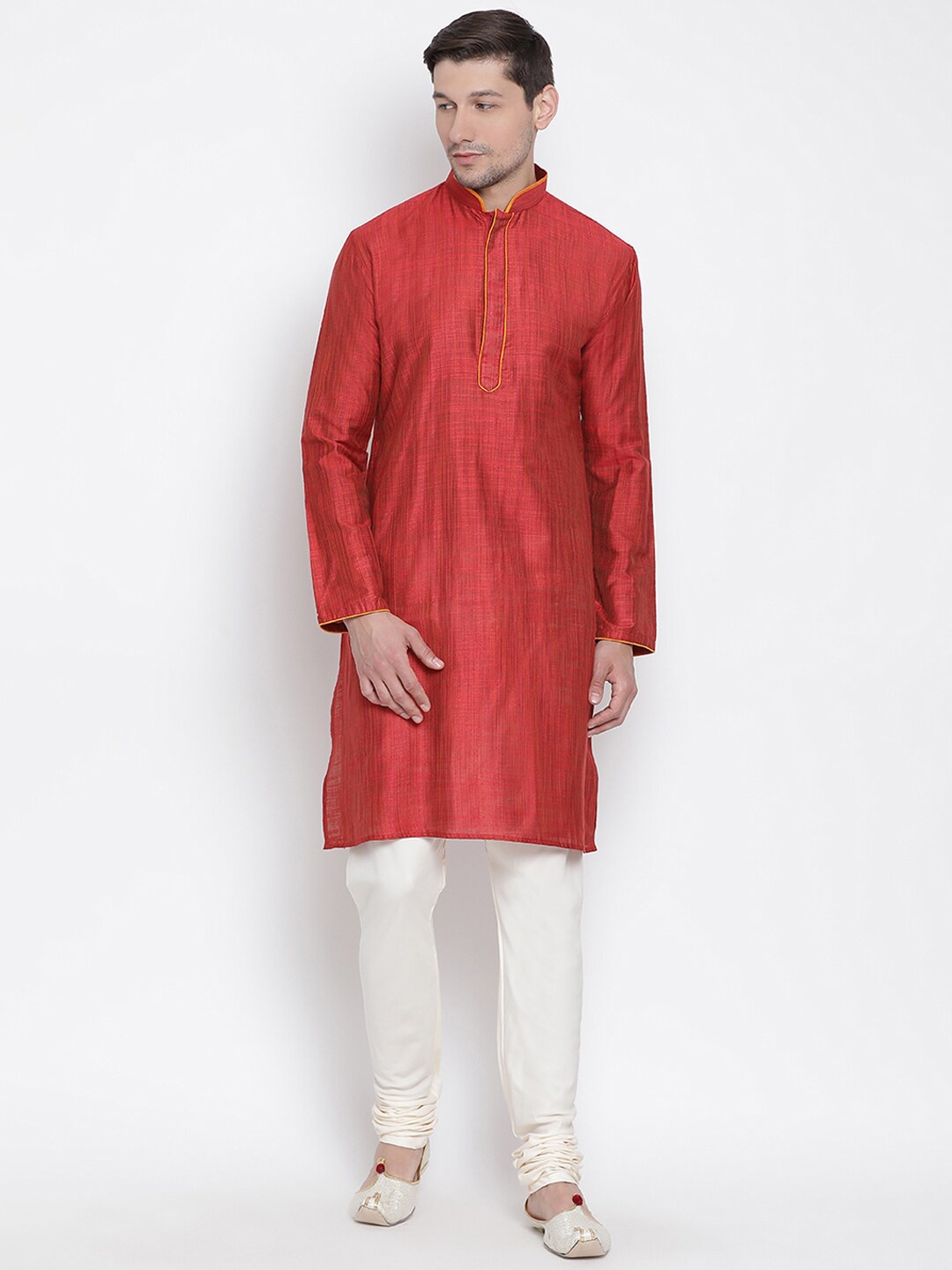 VASTRAMAY Men Maroon & Cream-Coloured Self Design Kurta with Churidar