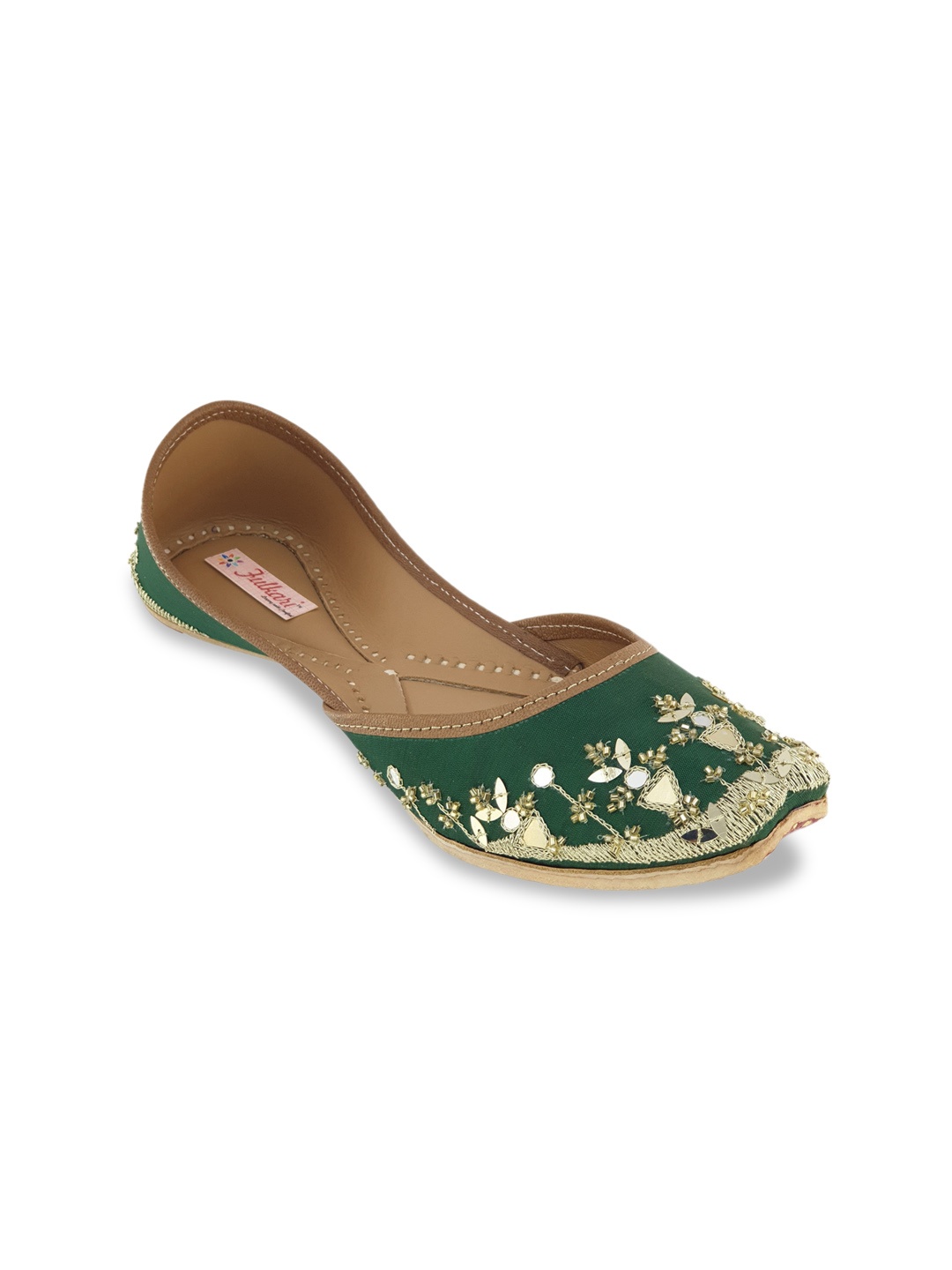 

Fulkari Women Green & Gold-Toned Embellished Leather Mojaris