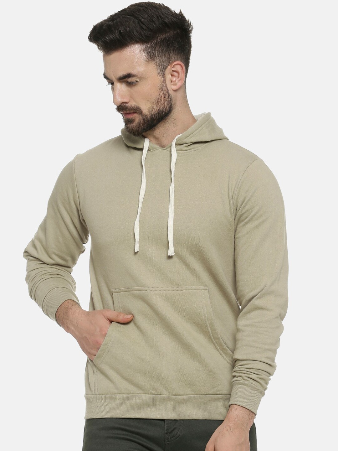 

Campus Sutra Men Olive Green Solid Hooded Pullover Sweatshirt