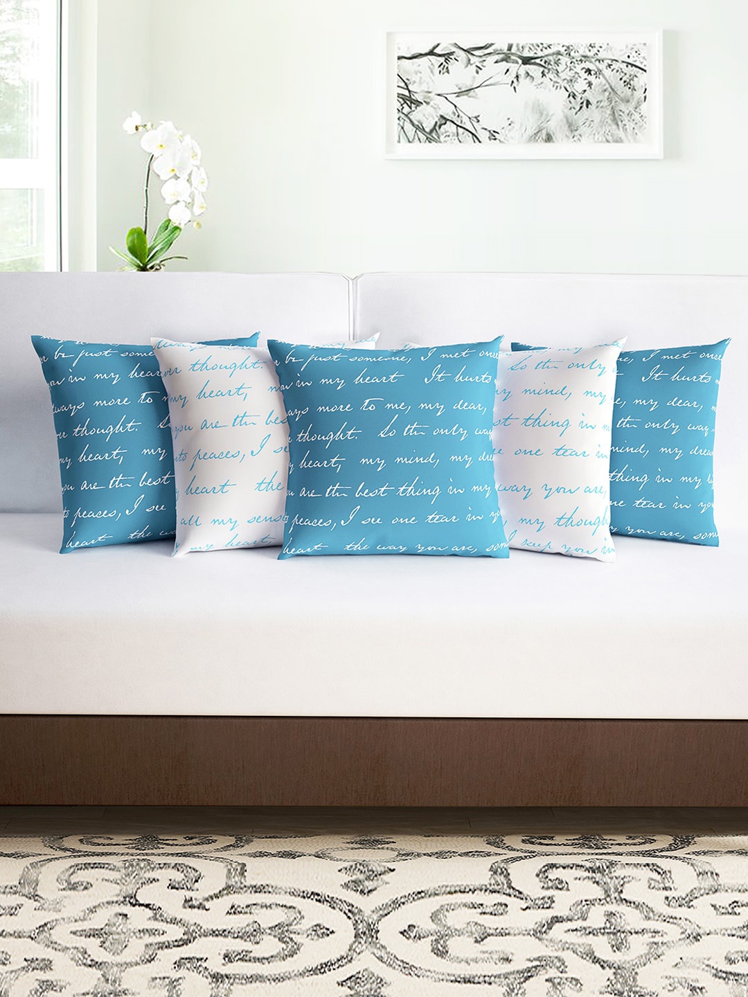 Divine Casa Blue & White Set of 5 Abstract Square Cushion Covers