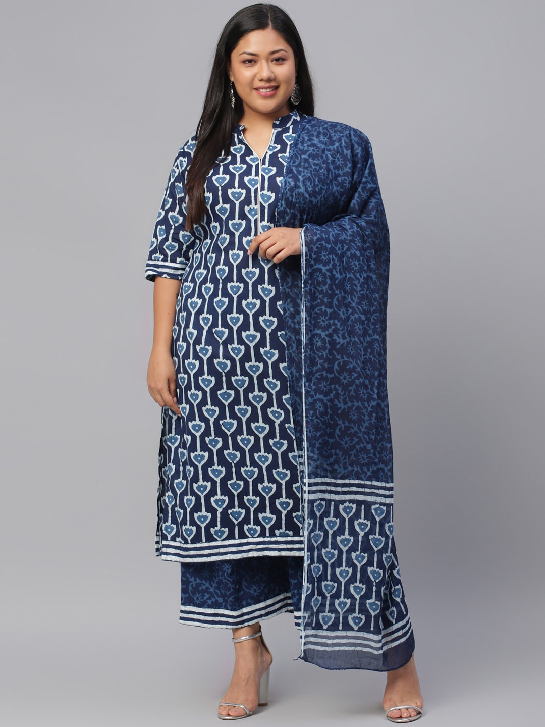

EXTRA LOVE BY LIBAS Plus Size Navy Blue Floral Cotton Kurta with Palazzos & With Dupatta