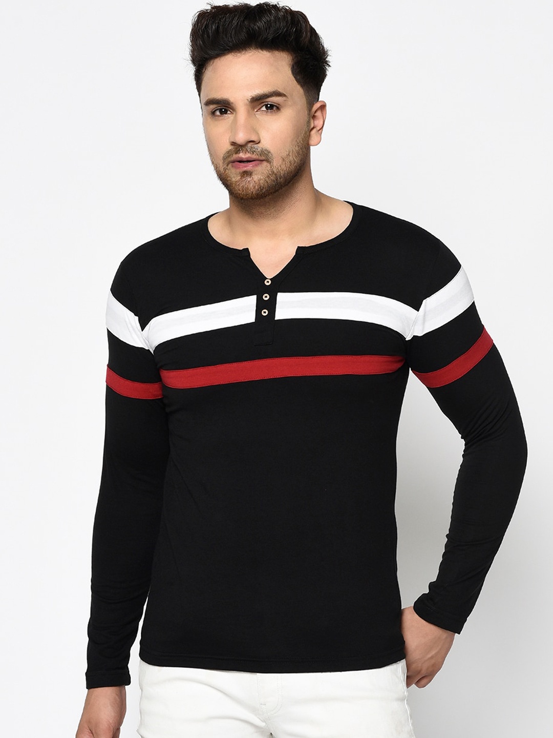 

Rigo Men Black & Red Striped Henley Neck Slim Fit T-shirt