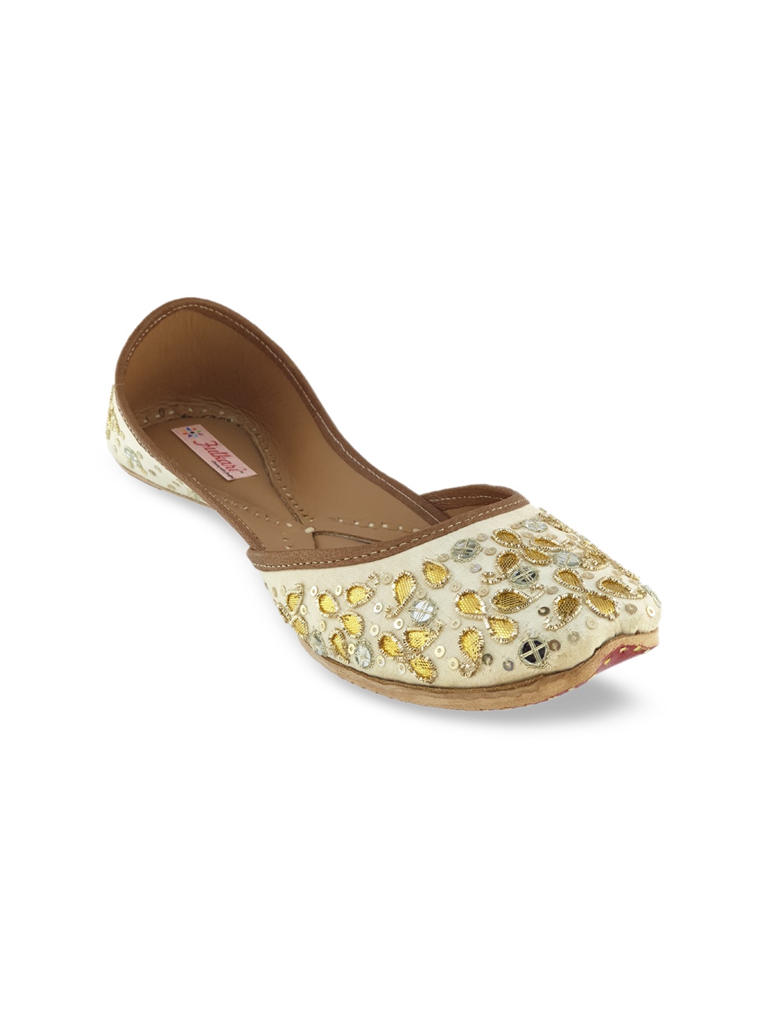 

Fulkari Women Beige Embellished Leather Mojaris
