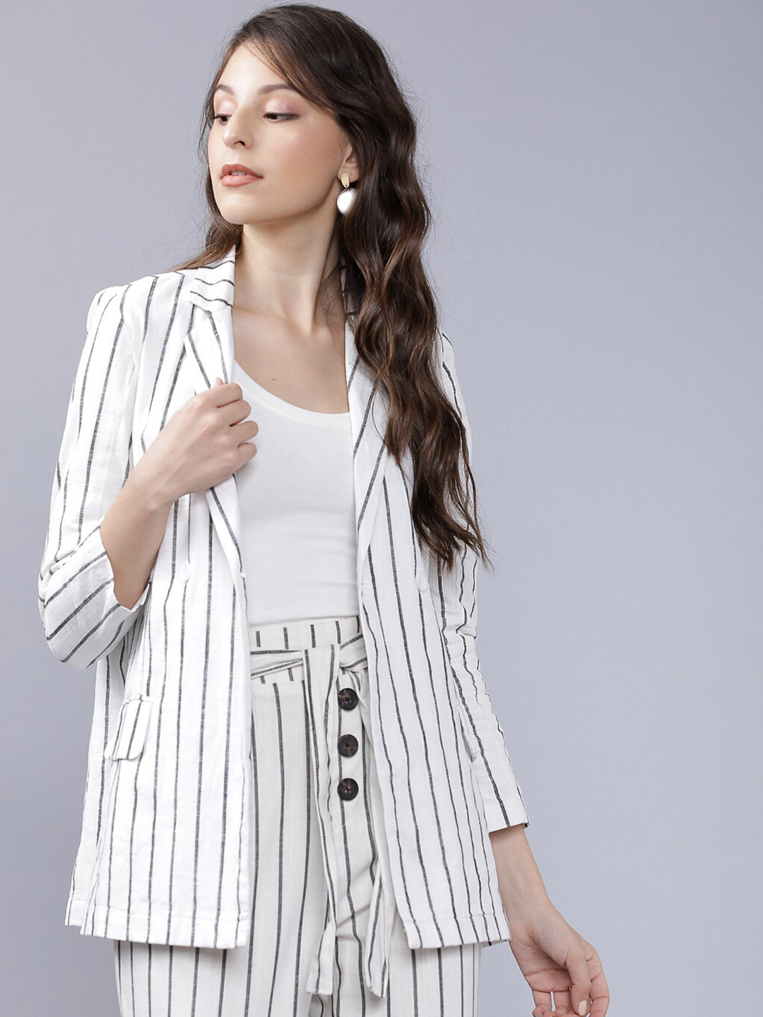 

CHIC BY TOKYO TALKIES Women Off-White Grey Striped Double-Breasted Pure Cotton Blazer