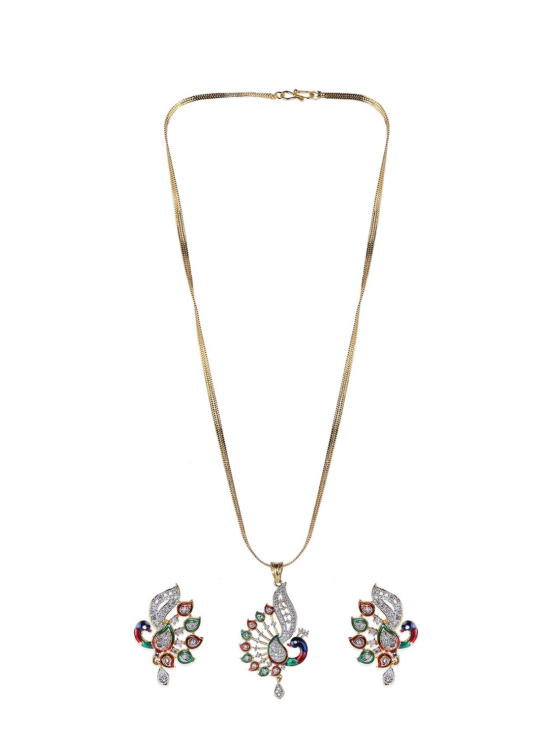

Bhana Fashion Gold-Plated White & Red AD-Studded Peacock-Shaped Jadau Jewellery Set