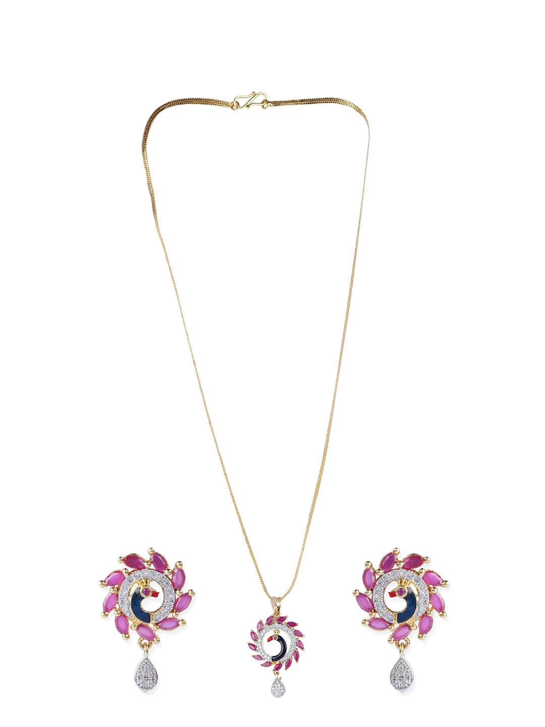 

Bhana Fashion Gold-Plated Pink & White AD-Studded Enamelled Jadau Jewellery Set