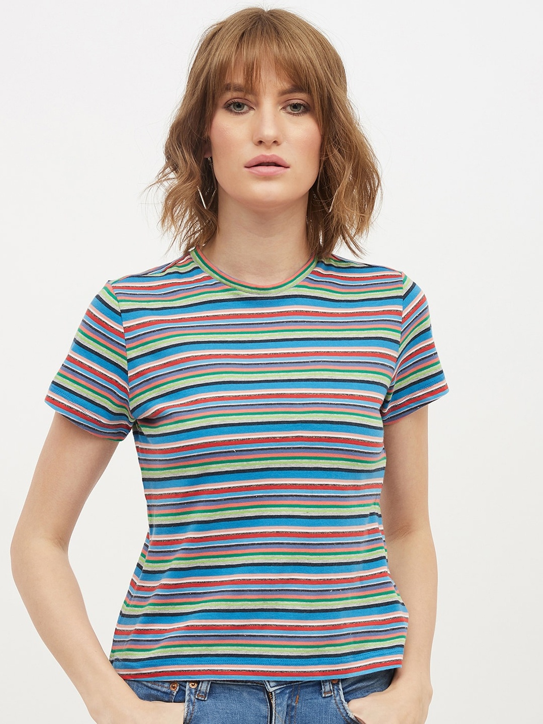 

Harpa Women Blue Pink Striped Round Neck Pure Cotton T-shirt