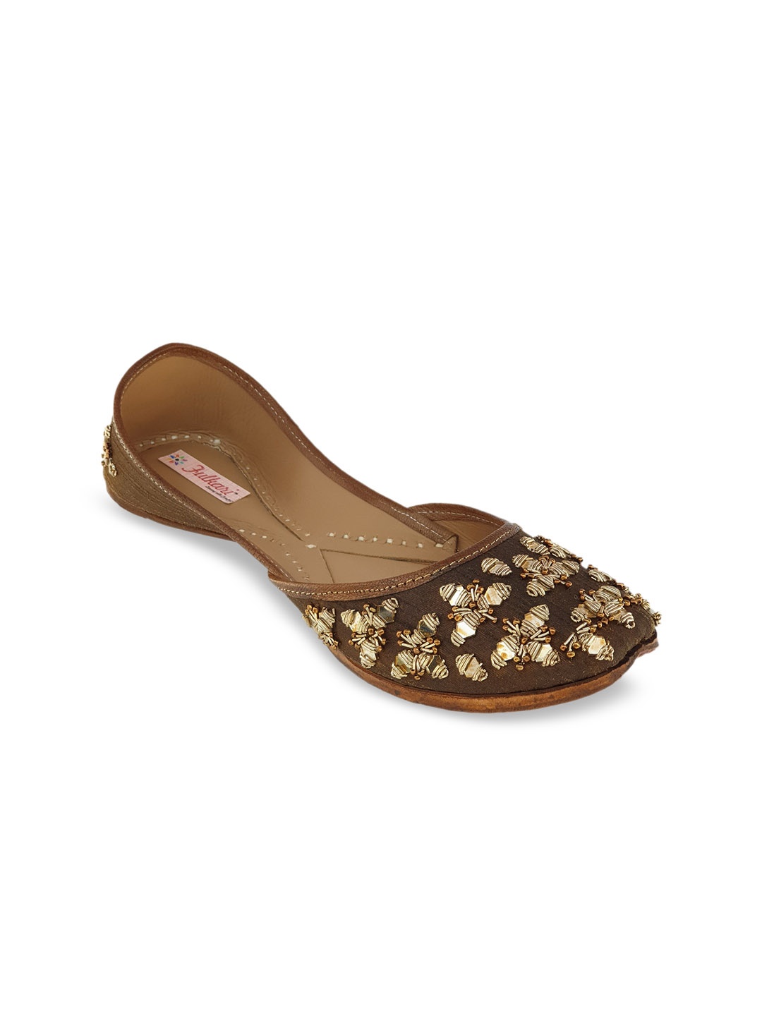 

Fulkari Women Brown & Gold-Toned Embellished Leather Mojaris