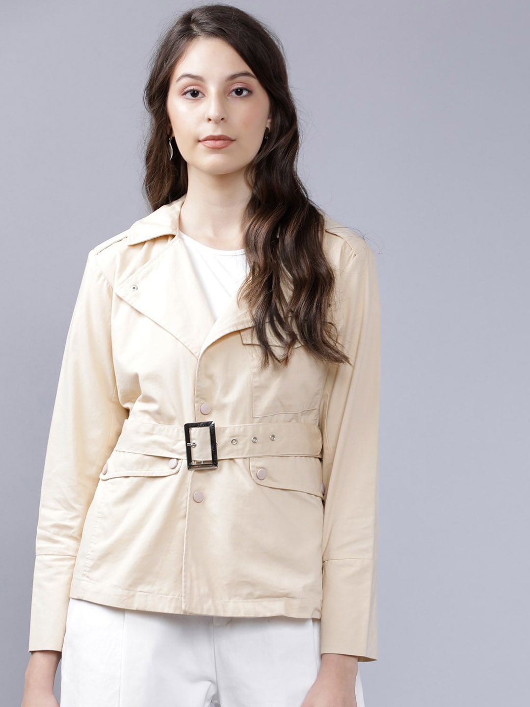 

Tokyo Talkies Women Beige Solid Tailored Jacket