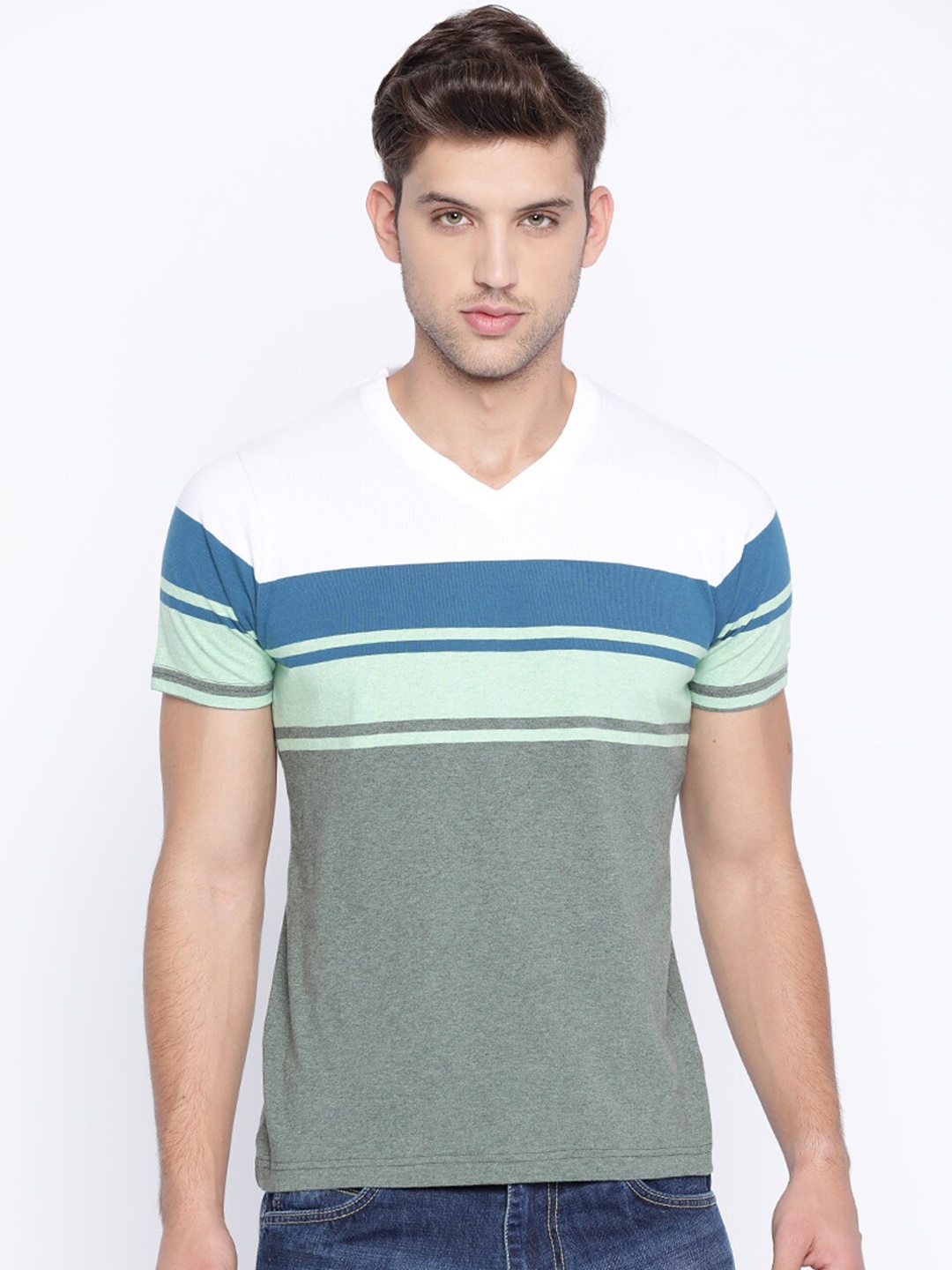 

Basics Men Green Striped Round Neck T-shirt