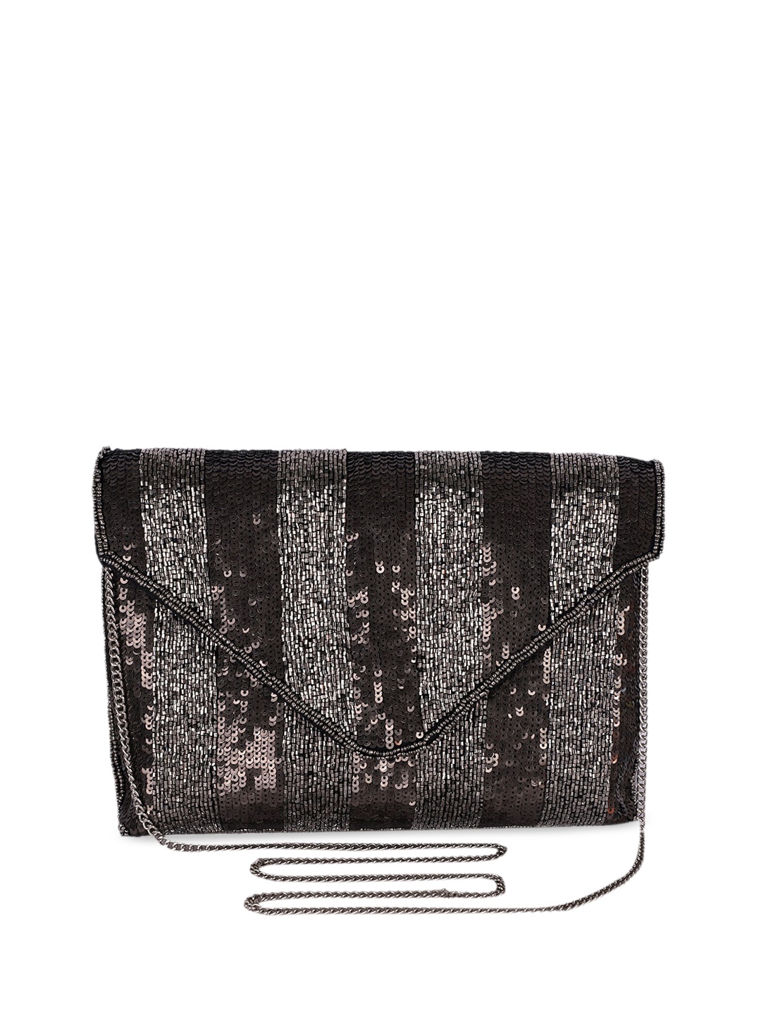 

REZZY Black & Silver-Toned Embellished Envelope Clutch