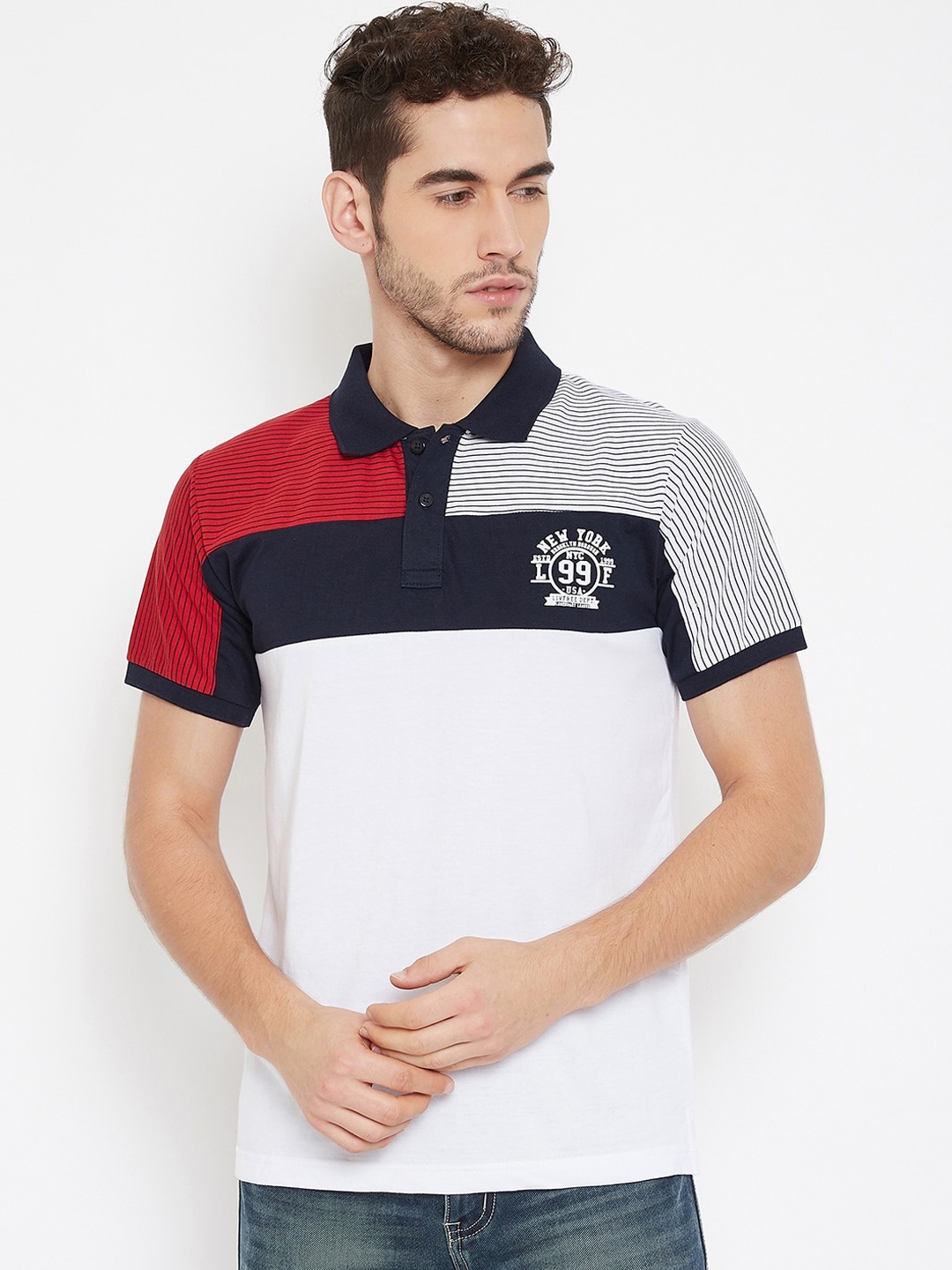 

NEVA Men White Colourblocked Polo Collar T-shirt