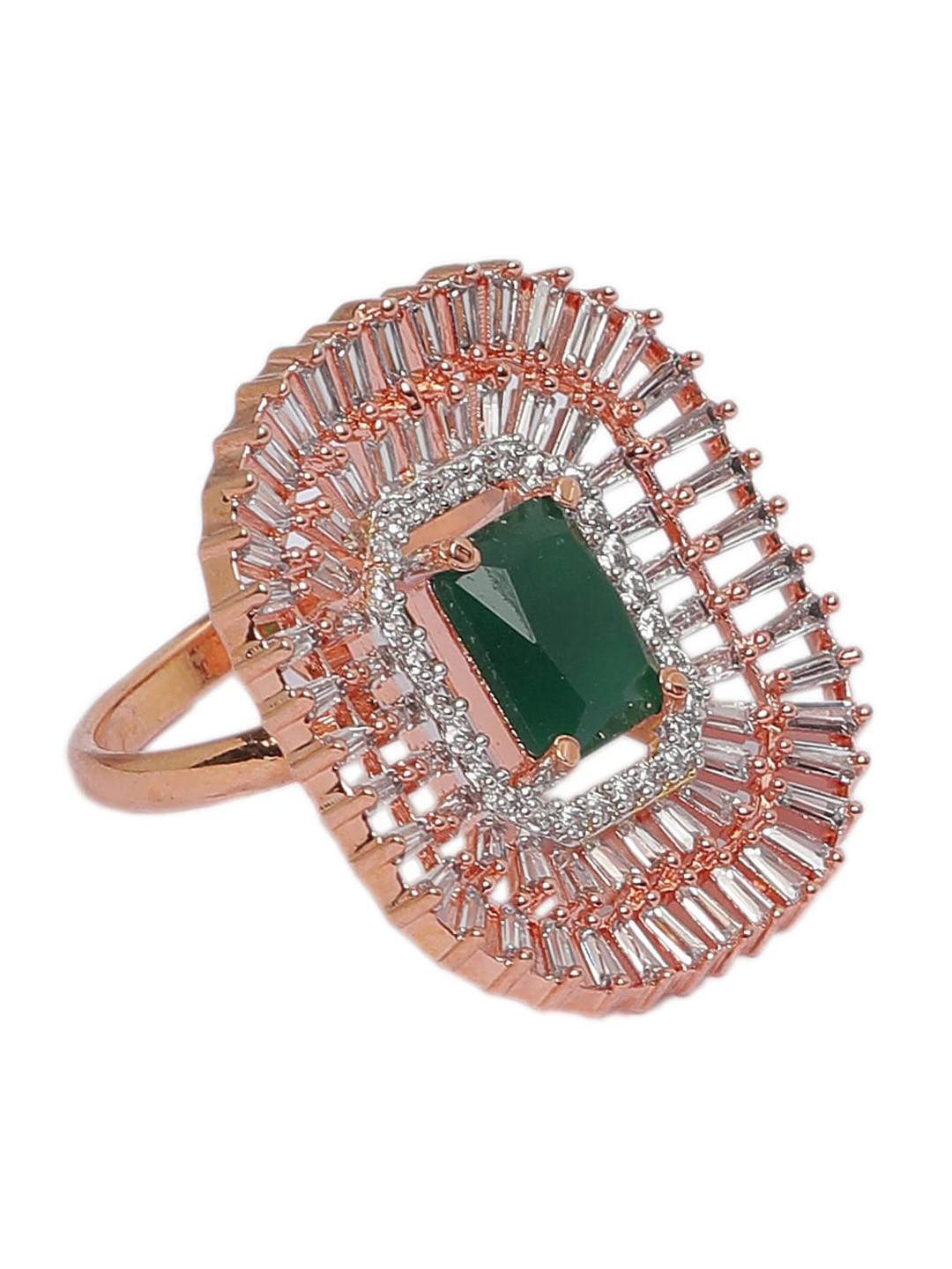 

INDYA Gold-Plated Green & White CZ-Studded Square Diamond Cocktail Ring