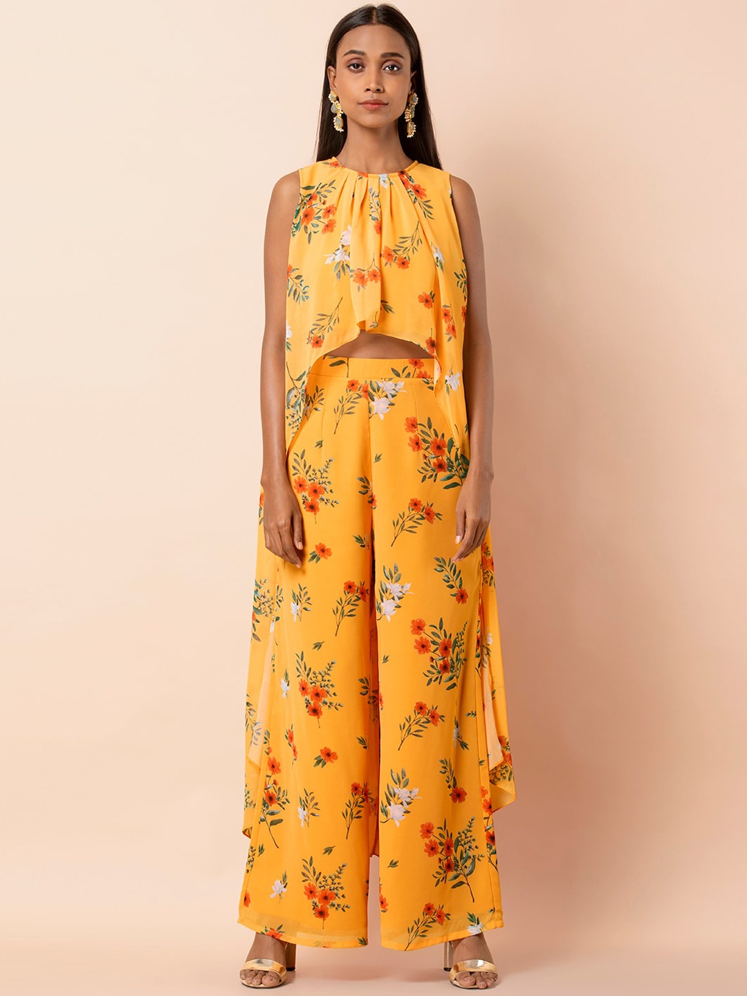 INDYA Women Yellow & Orange Printed High-Low Crop Top