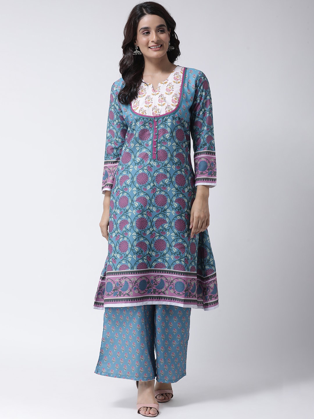 

Hangup Women Blue & Pink Printed Kurti with Palazzos & Dupatta