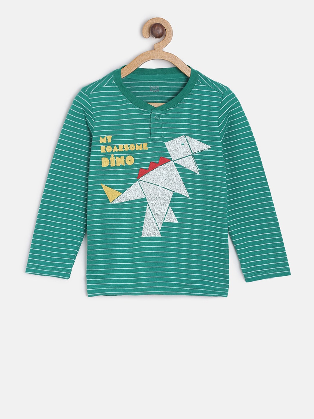 MINI KLUB Boys Green Striped Henley Neck Pure Cotton T-shirt
