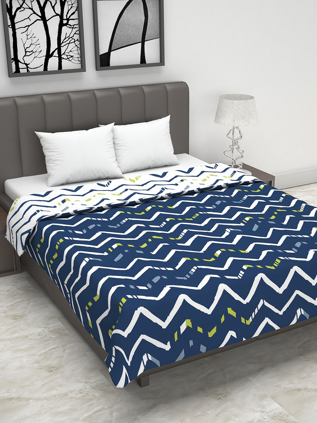 Divine Casa Blue & White Geometric AC Room 110 GSM Double Bed Dohar